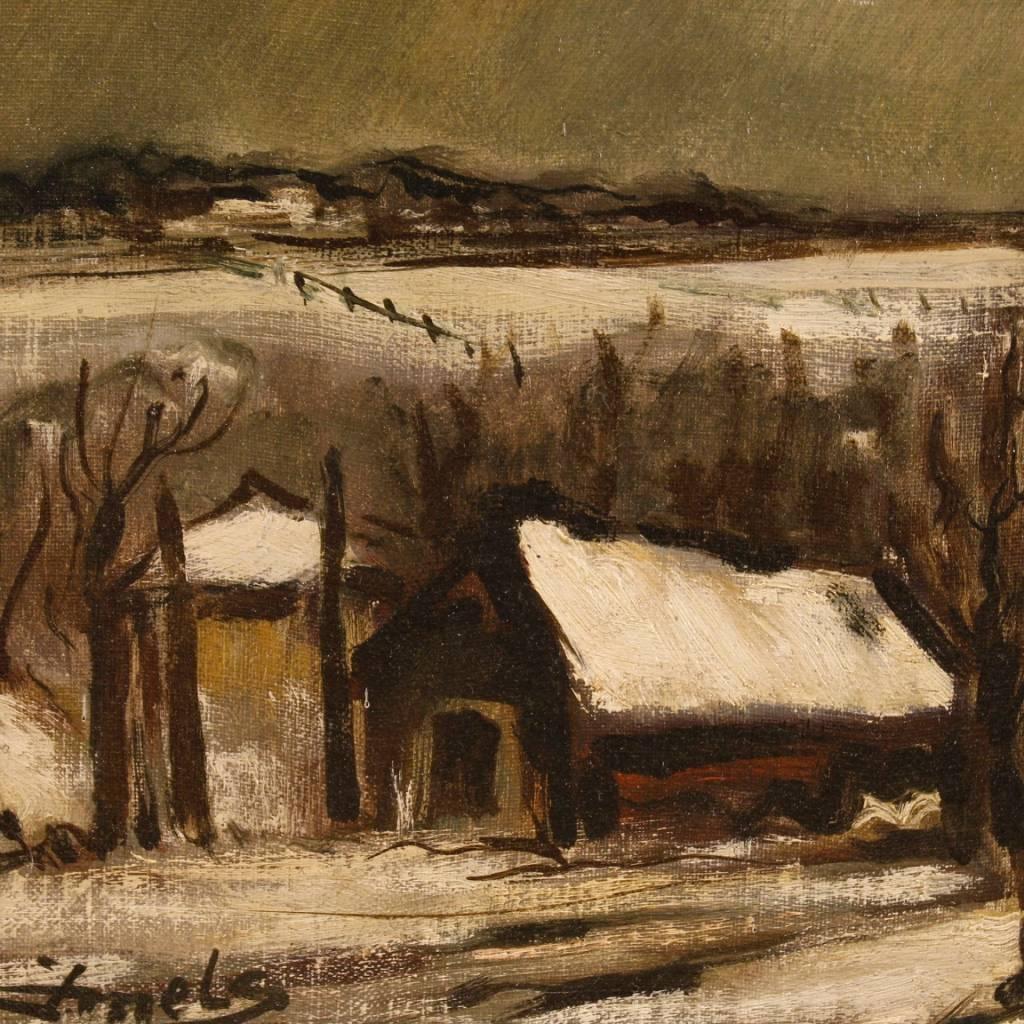 20th Century Oil on Canvas Dutch Signed Painting Winter Landscape, 1970 3