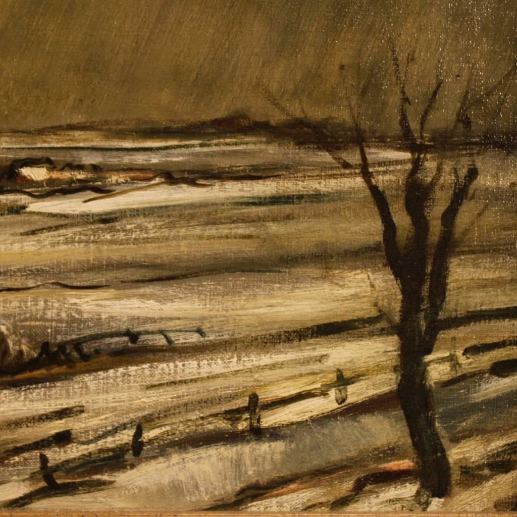 20th Century Oil on Canvas Dutch Signed Painting Winter Landscape, 1970 4