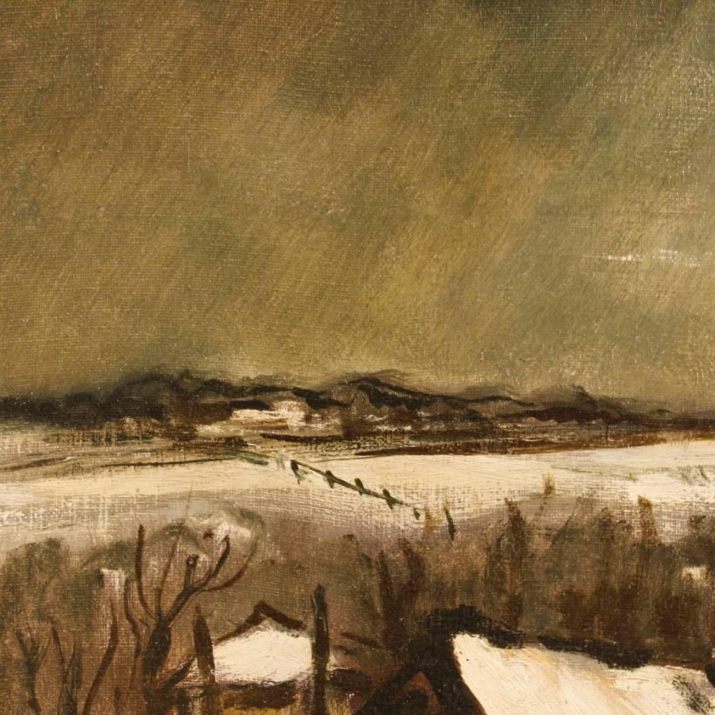 20th Century Oil on Canvas Dutch Signed Painting Winter Landscape, 1970 5