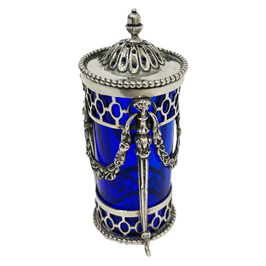 Esparcidor de especias de plata holandesa y cristal azul, 1845 en venta