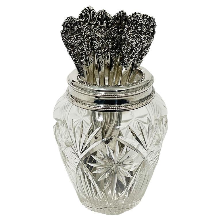 Vase à cuillères en argent et cristal hollandais avec douze cuillères, 1910