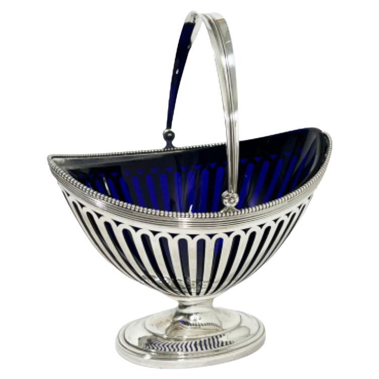 Dutch Silver Basket with Blue Glass in Empire Style, 1915 For Sale