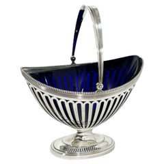 Antique Dutch Silver Basket with Blue Glass in Empire Style, 1915