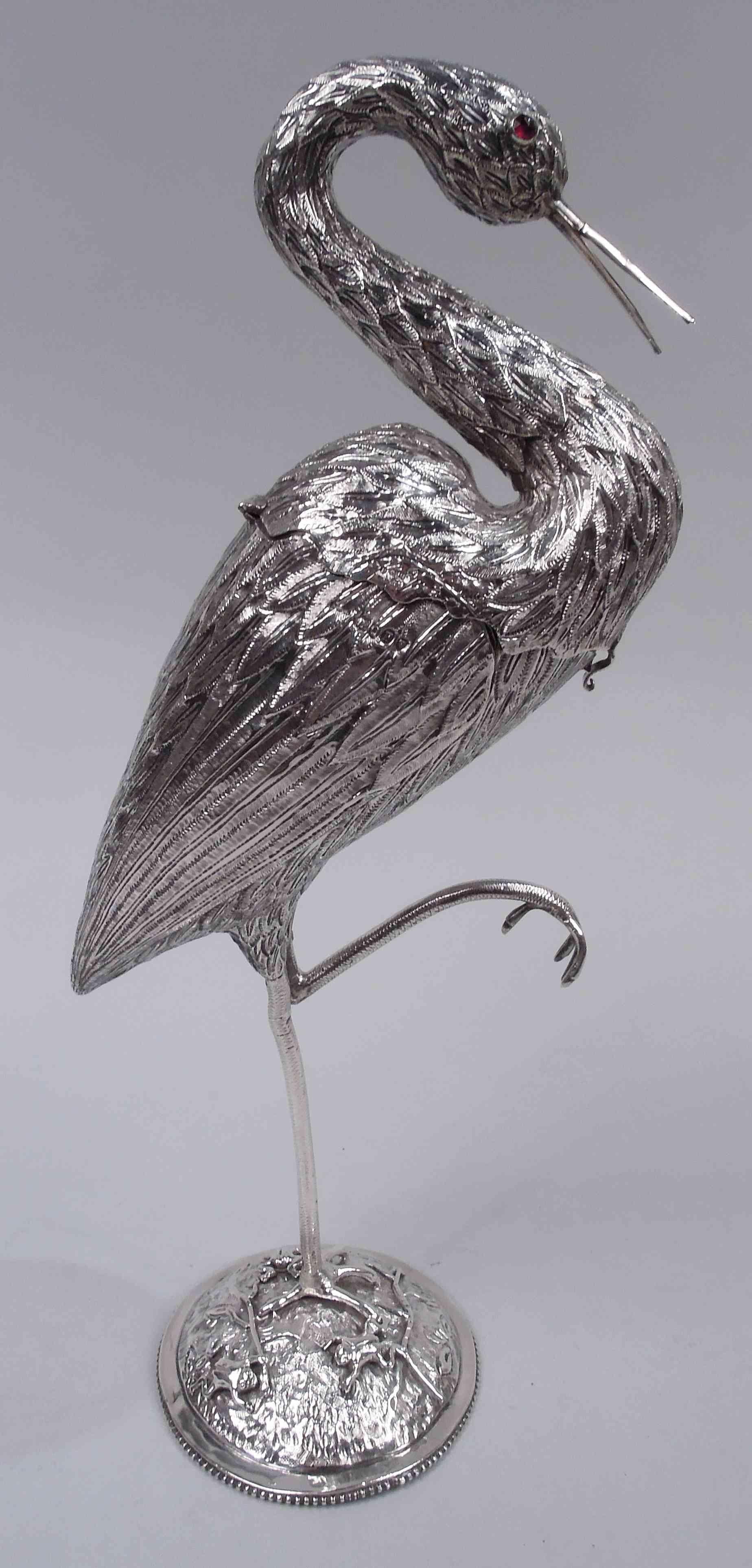 Victorian Dutch Silver Bird Spice Box of Egret Standing on One Leg For Sale