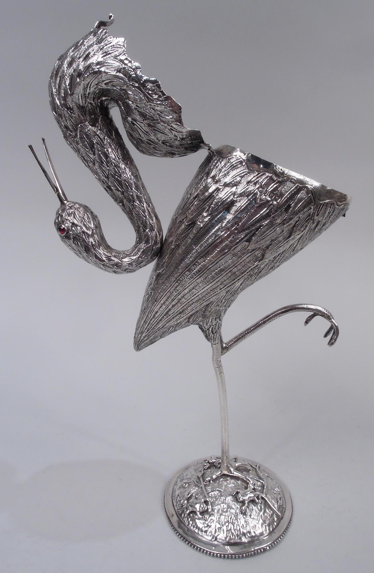 Dutch Silver Bird Spice Box of Egret Standing on One Leg In Excellent Condition For Sale In New York, NY