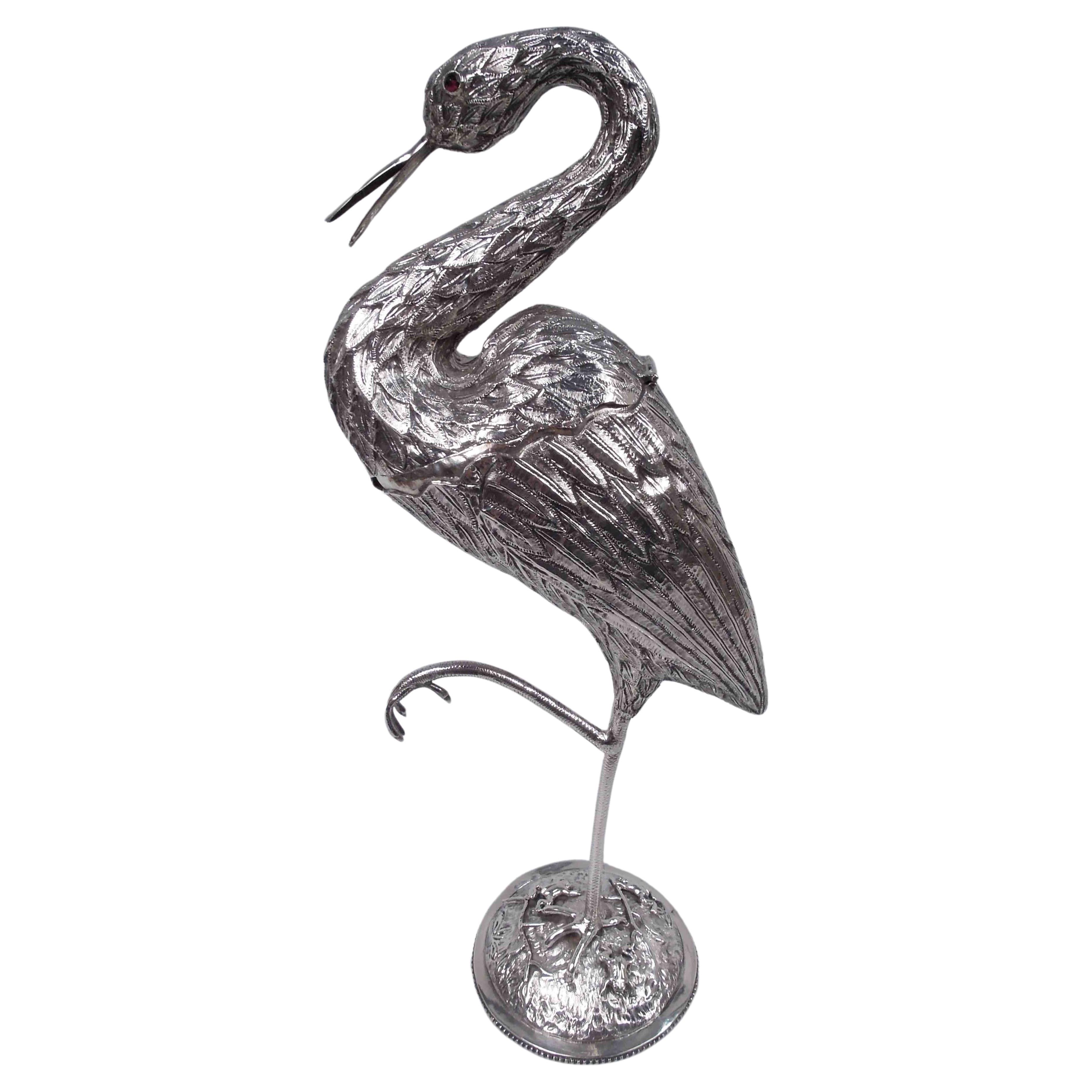 Dutch Silver Bird Spice Box of Egret Standing on One Leg For Sale