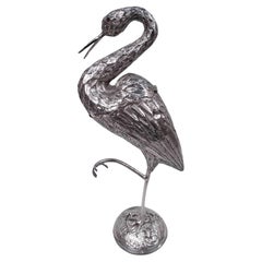 Antique Dutch Silver Bird Spice Box of Egret Standing on One Leg