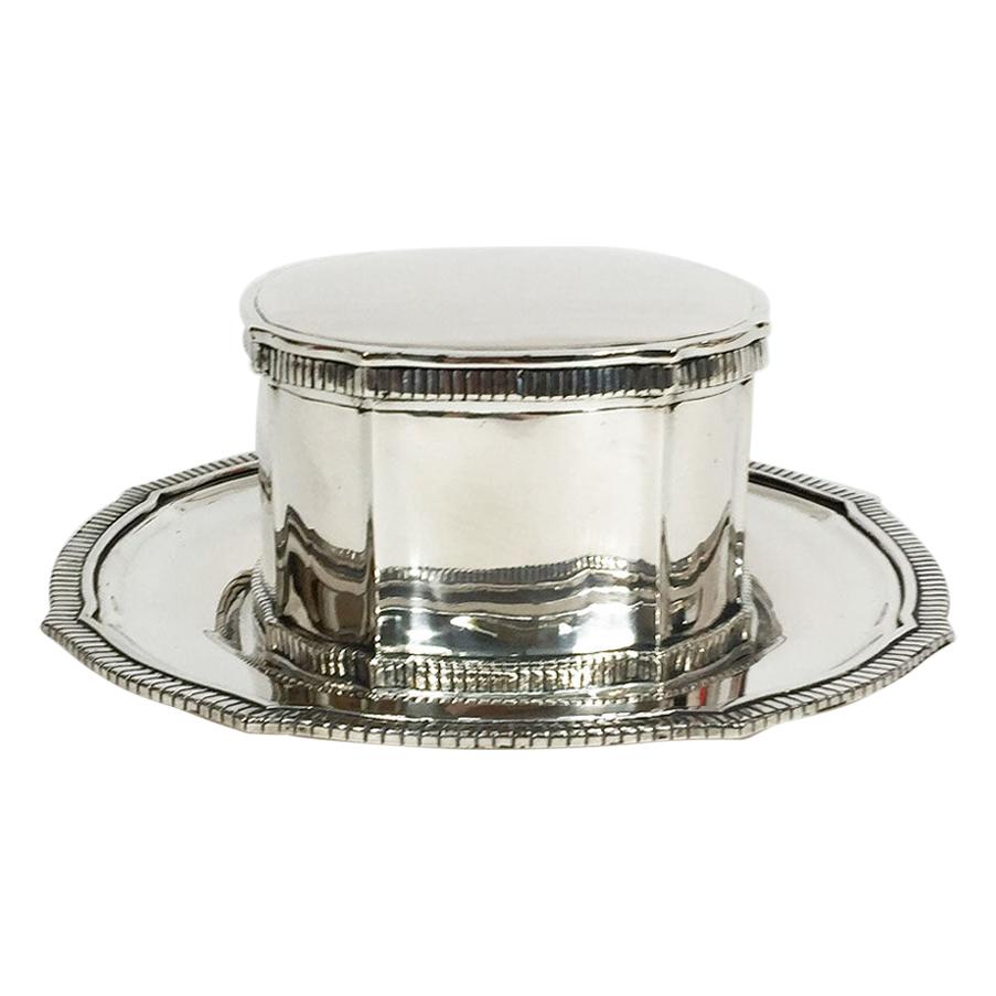 Dutch Silver Cardinal Model Biscuit Box with Accompanying Plate