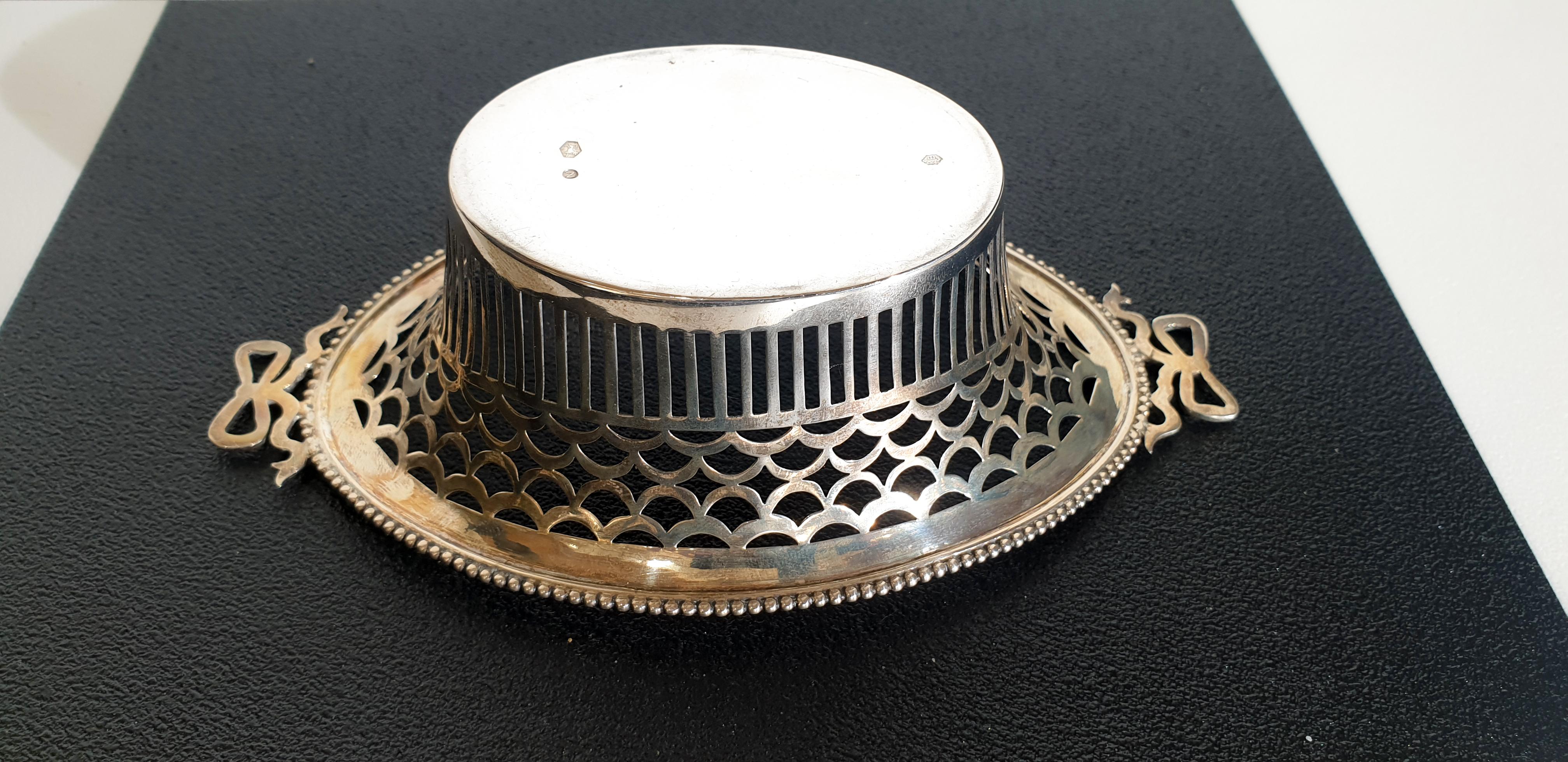 Art Deco Dutch Silver Chocolate Pierced and Open Chocolate Basket with Bows, 1934 For Sale