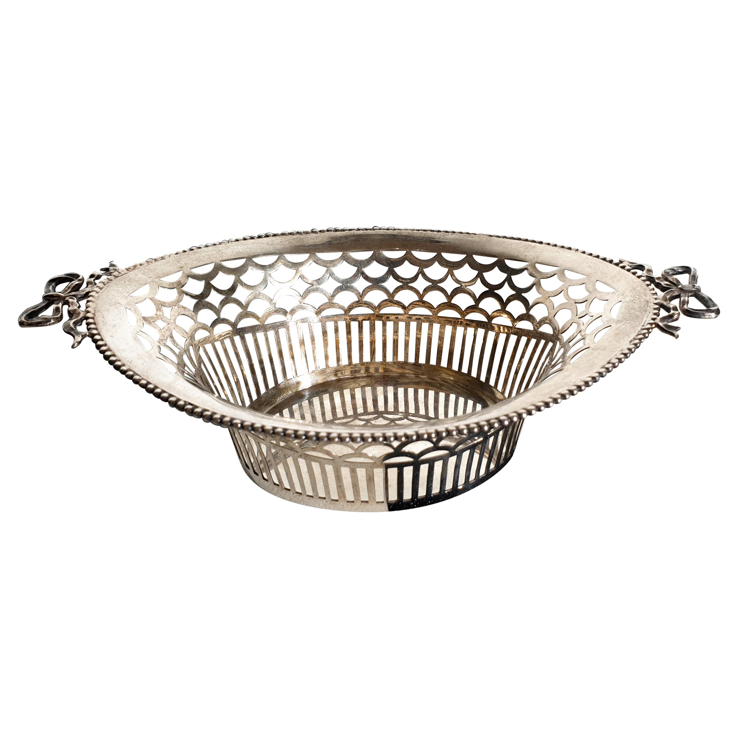 Dutch Silver Chocolate Pierced and Open Chocolate Basket with Bows, 1934 For Sale