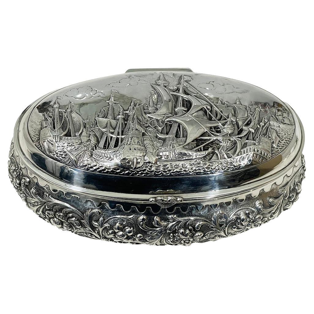 Dutch silver decorative box with scene of 17th C Naval Anglo-Dutch War, 1952
