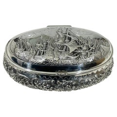 Vintage Dutch silver decorative box with scene of 17th C Naval Anglo-Dutch War, 1952