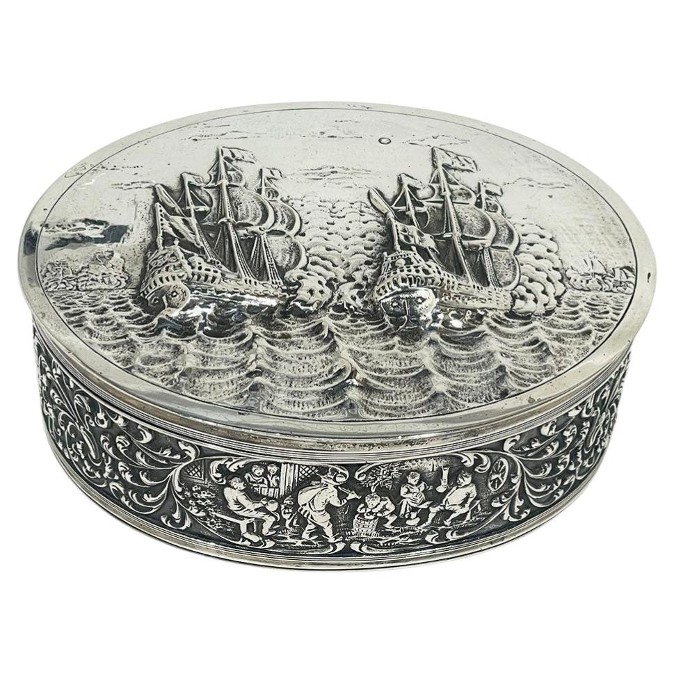 Dutch silver decorative box with scene of 17th-century Dutch Flagships, 1926