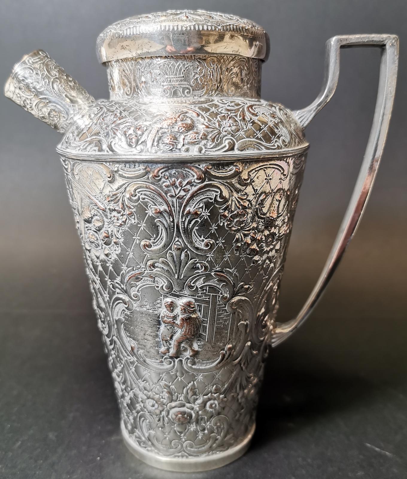 Dutch silver, ewer or jug,
hallmarked CF (1889) embossed design,
563 grams, 19.8 ounces.
Our eclectic stock crosses cultures, continents, styles and famous names.