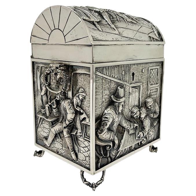 Boîte hollandaise à couvercle en argent avec des scènes du 17e siècle par Jan Steen en vente