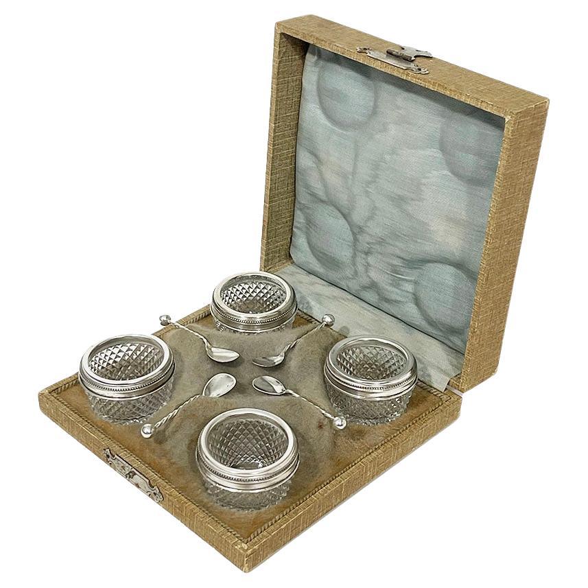 Dutch silver mounted crystal-cut salt cellar set, 1921-1925 For Sale