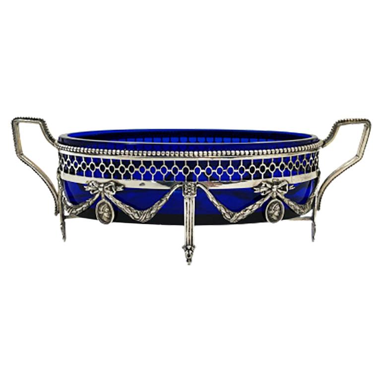 Dutch Silver Oval Jardiniere in Louis XVI Style with Cobalt Blue Glass, 1913 For Sale