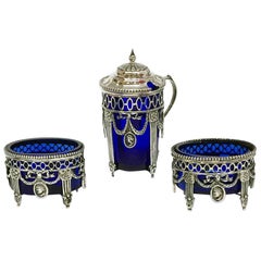 Dutch Silver Salt Cellars and a Mustard Pot with Cobalt Blue Glass, 1911-1924