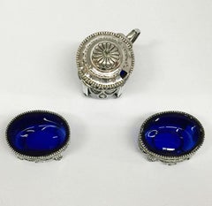 Dutch Silver Salt Cellars and a Mustard Pot with Cobalt Blue Glass, 1911-1924