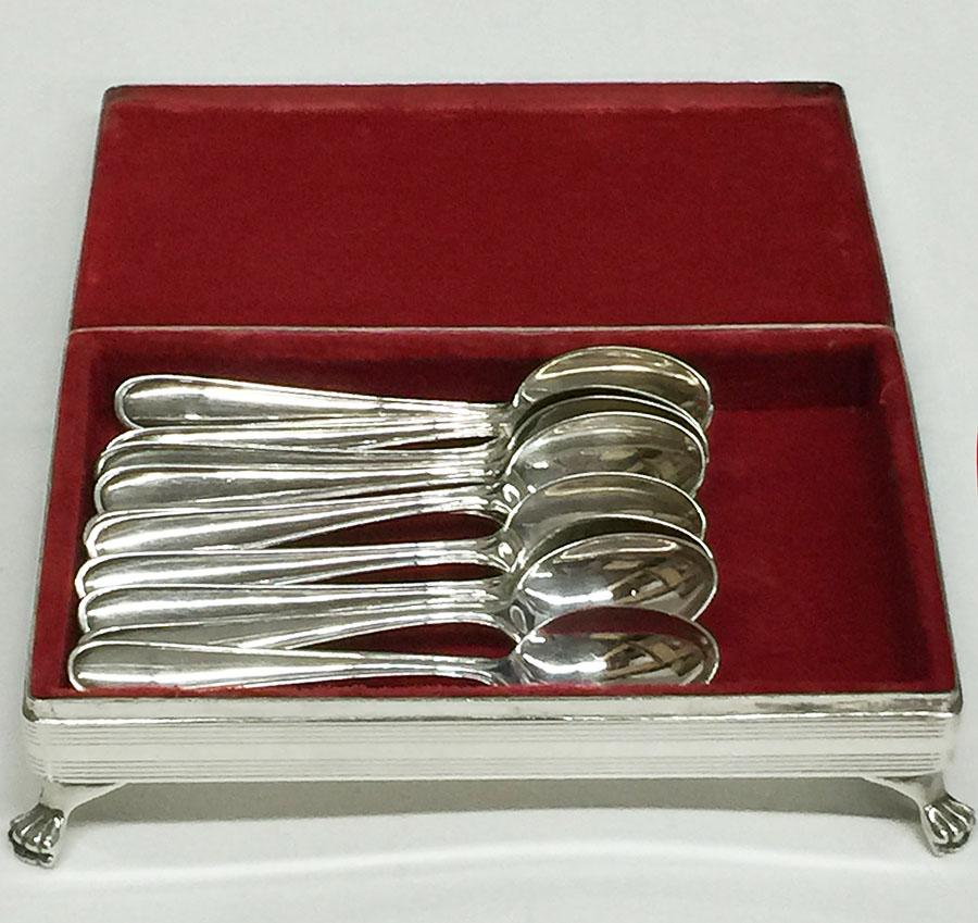 Engraved Dutch Silver Spoon Box in Biedermeier Style with Mocca Spoons For Sale