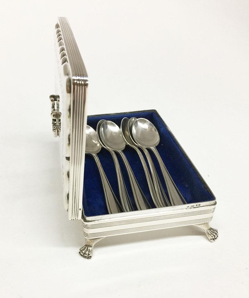 20th Century Dutch Silver Spoon Box in Biedermeier Style with Tea Spoons For Sale