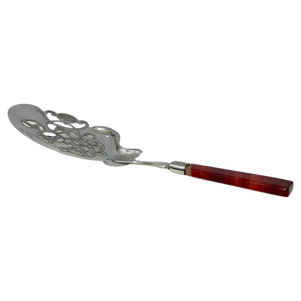 Cuillère de service en argent hollandais avec agate d'Antonious Hendrikus der Kinderen, 1865

Une cuillère en argent avec un manche en agate réalisée par l'orfèvre Antonius Hendrikus der Kinderen 's-Hertogenbosch. La cuillère était utilisée pour
