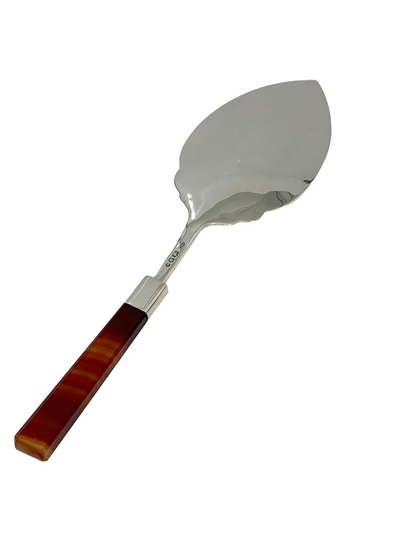 Argent Cuillère de service en argent hollandais avec agate de C.F. Wewer, 1981 en vente