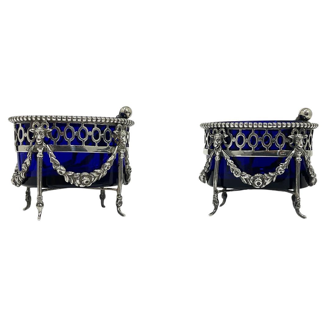 Dutch Silver with blue crystal glass salt cellars by P. Heerens, 1902-1905 For Sale