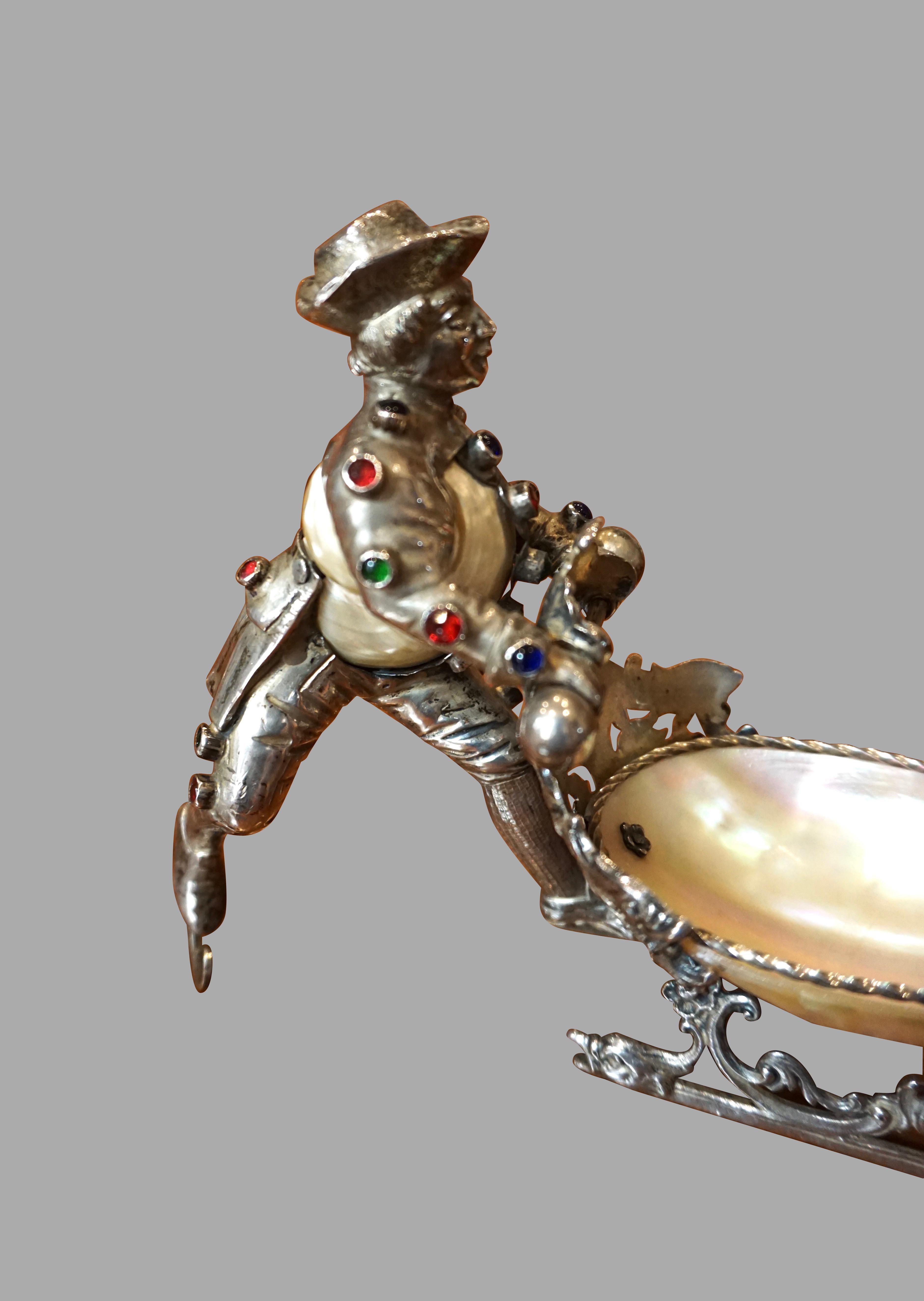 19th Century Dutch Silver Plate and Shell Sleigh Driven by Bejeweled Gentleman on Iceskates