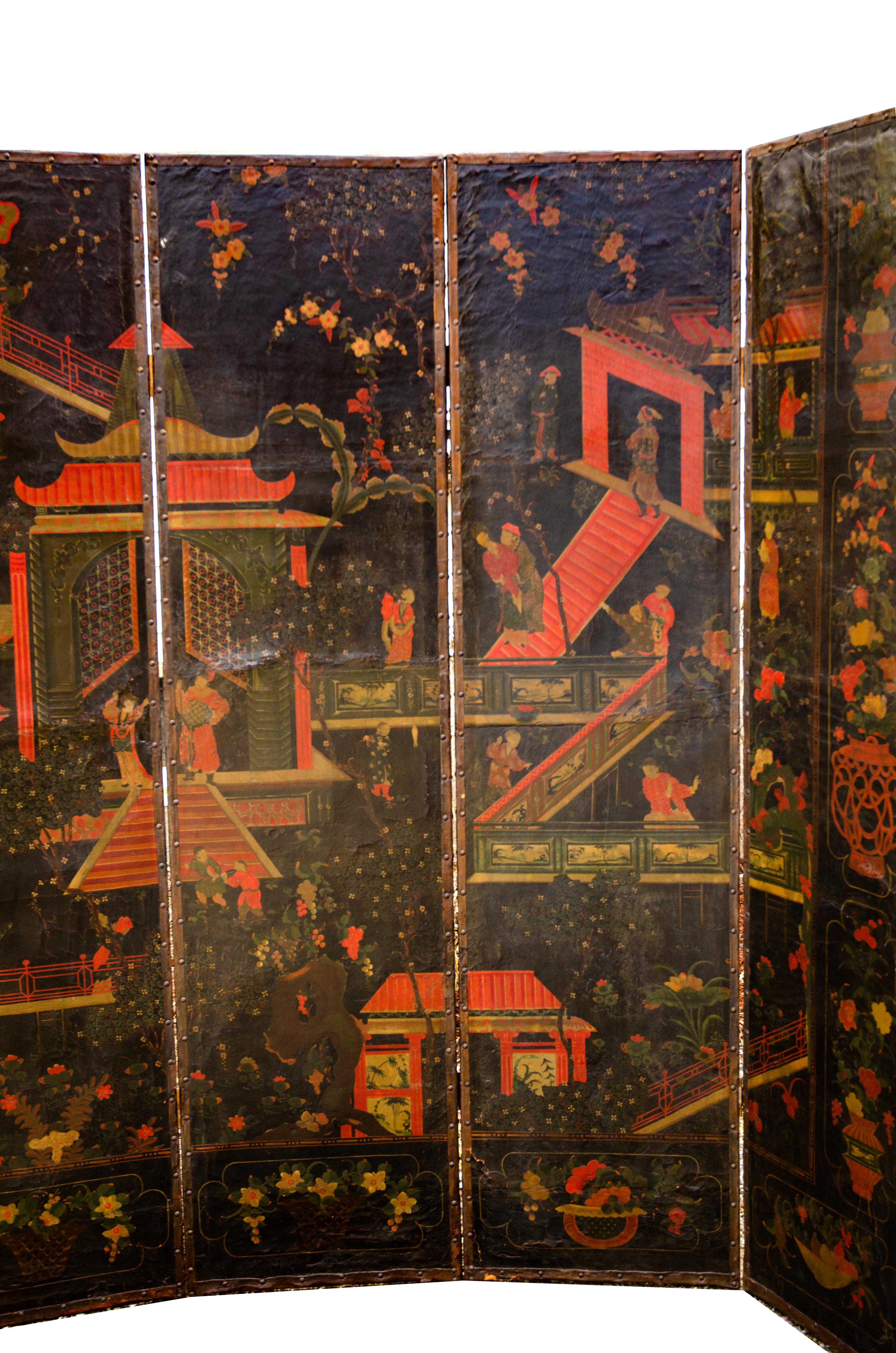 Mid-18th Century Dutch Six Panel Chinoiserie Decorated Leather Screen For Sale