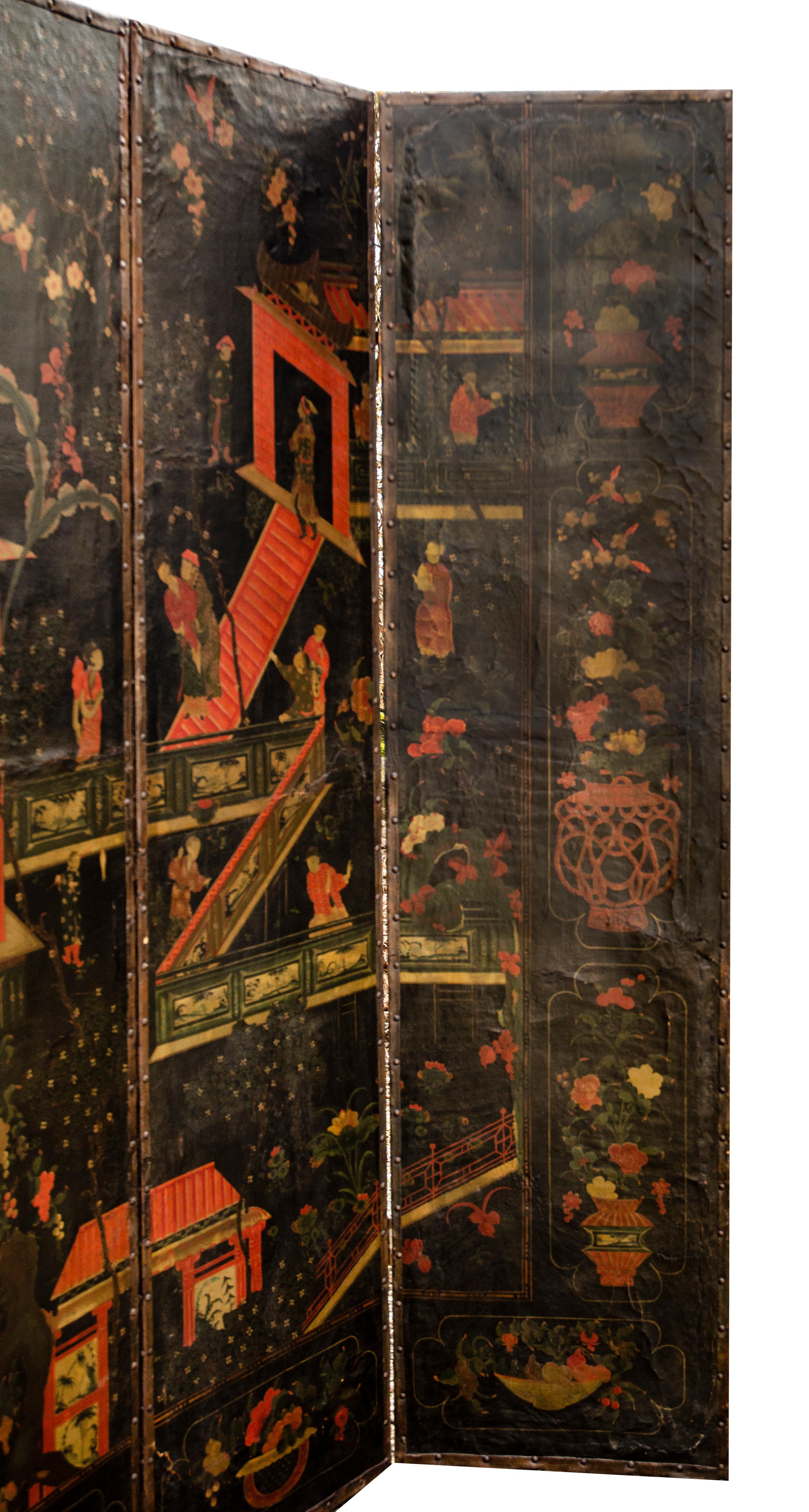 Dutch Six Panel Chinoiserie Decorated Leather Screen For Sale 1