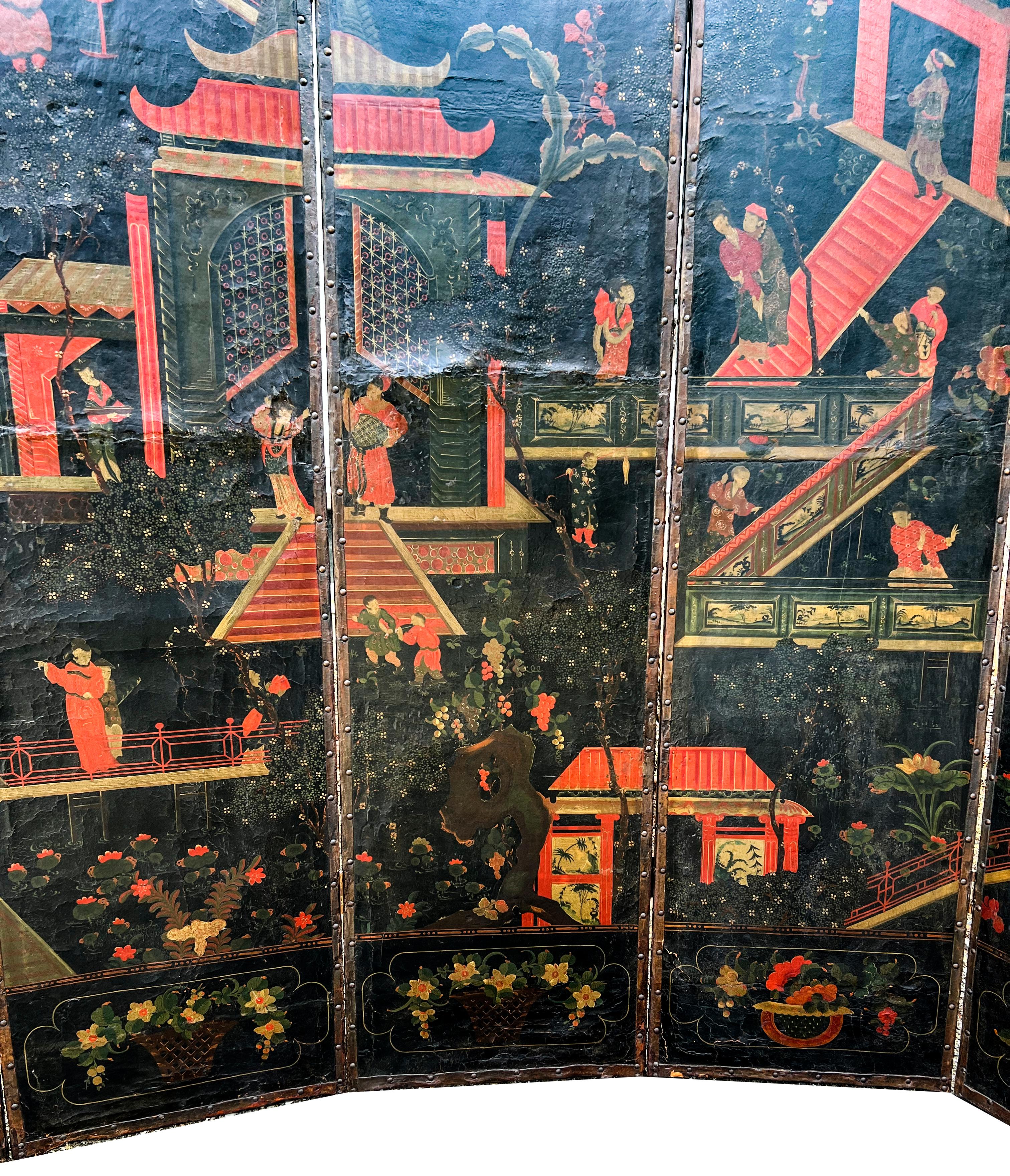 Dutch Six Panel Chinoiserie Decorated Leather Screen  For Sale 2