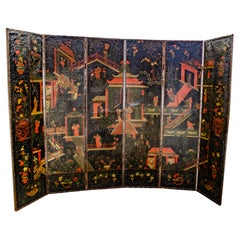 Dutch Six Panel Chinoiserie Decorated Leather Screen 