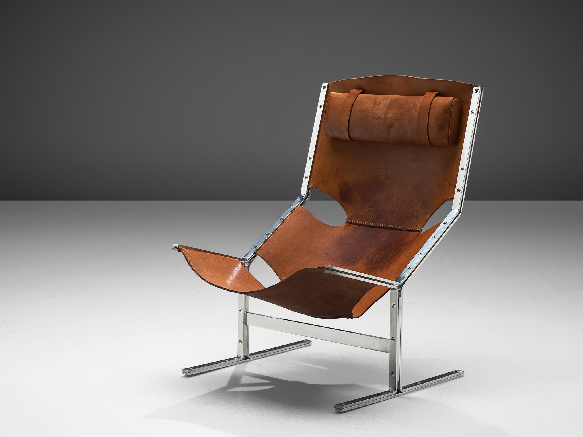 Abraham Polak Furniture, easy chair, leather and steel, The Netherlands, 1960s.

Rare modern lounge chair by Abraham Polak Furniture. This is wonderful sling chair with strong features of the designs by Pierre Paulin. This chair shows sharp lines
