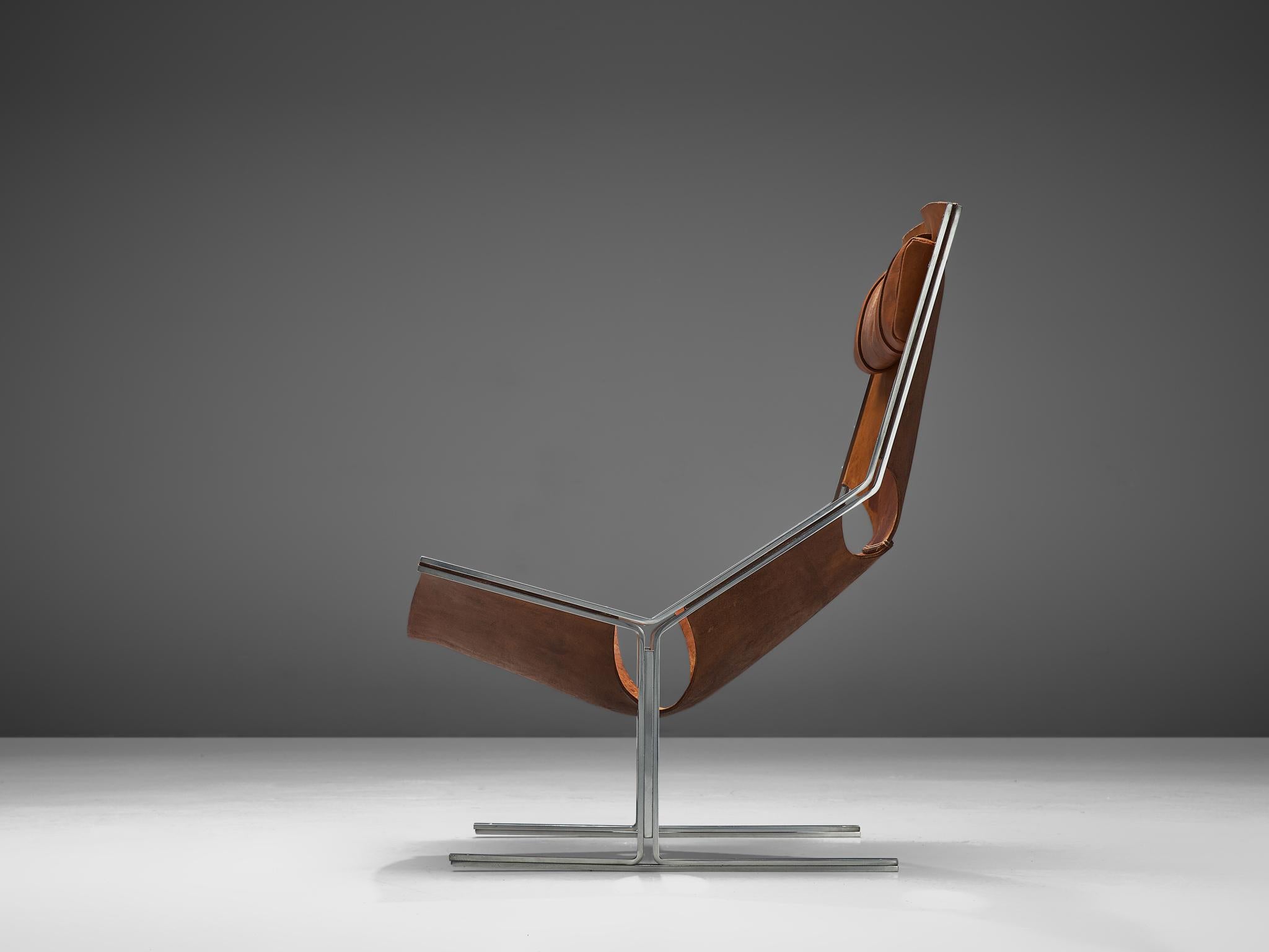 Mid-Century Modern Dutch Sling Lounge Chair in Cognac Leather and Steel by Abraham Polak