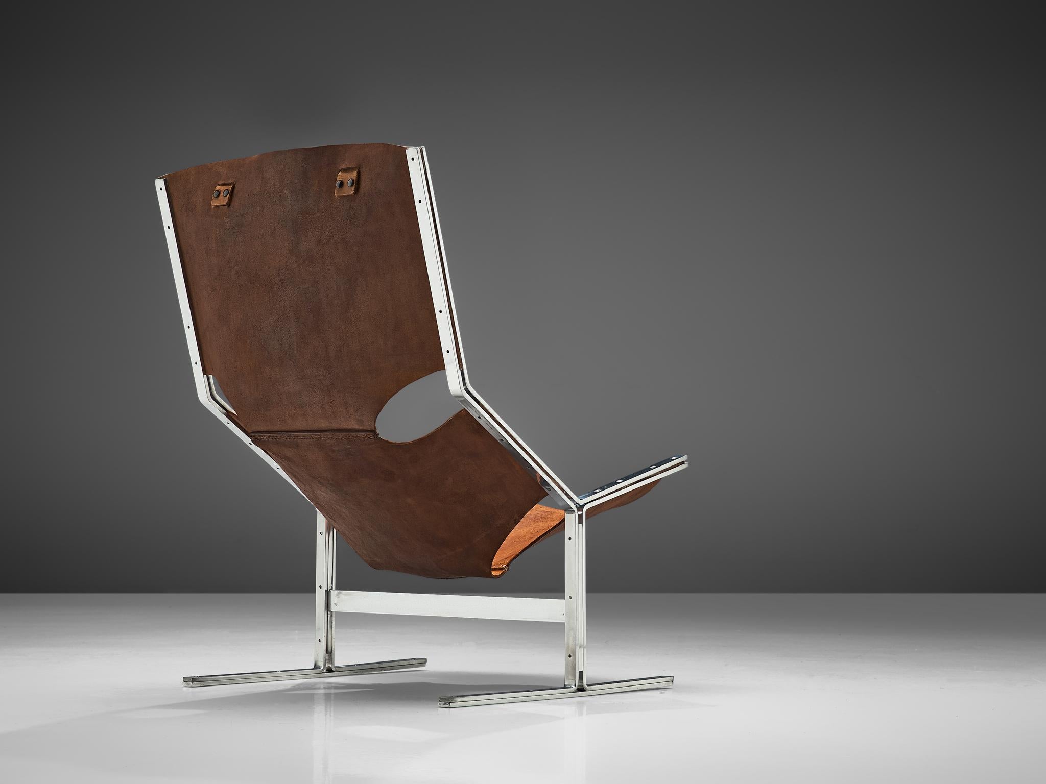 Mid-20th Century Dutch Sling Lounge Chair in Cognac Leather and Steel by Abraham Polak