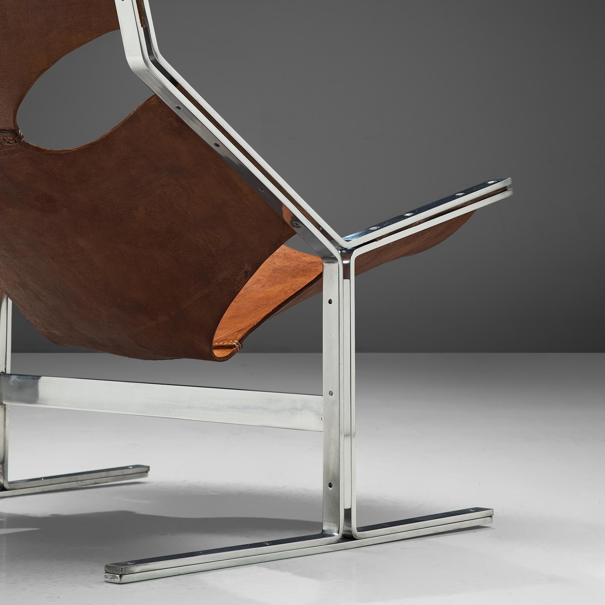 Dutch Sling Lounge Chair in Cognac Leather and Steel by Abraham Polak 1