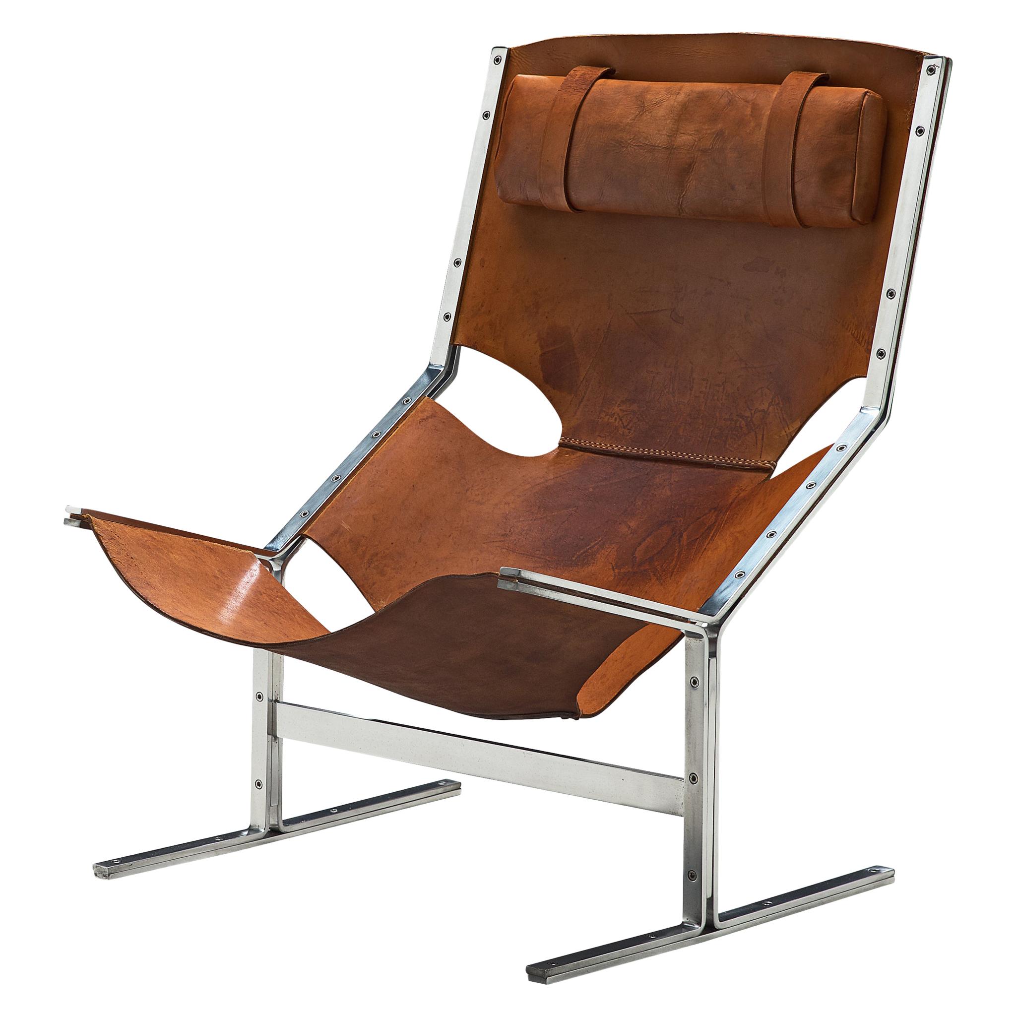 Dutch Sling Lounge Chair in Cognac Leather and Steel by Abraham Polak