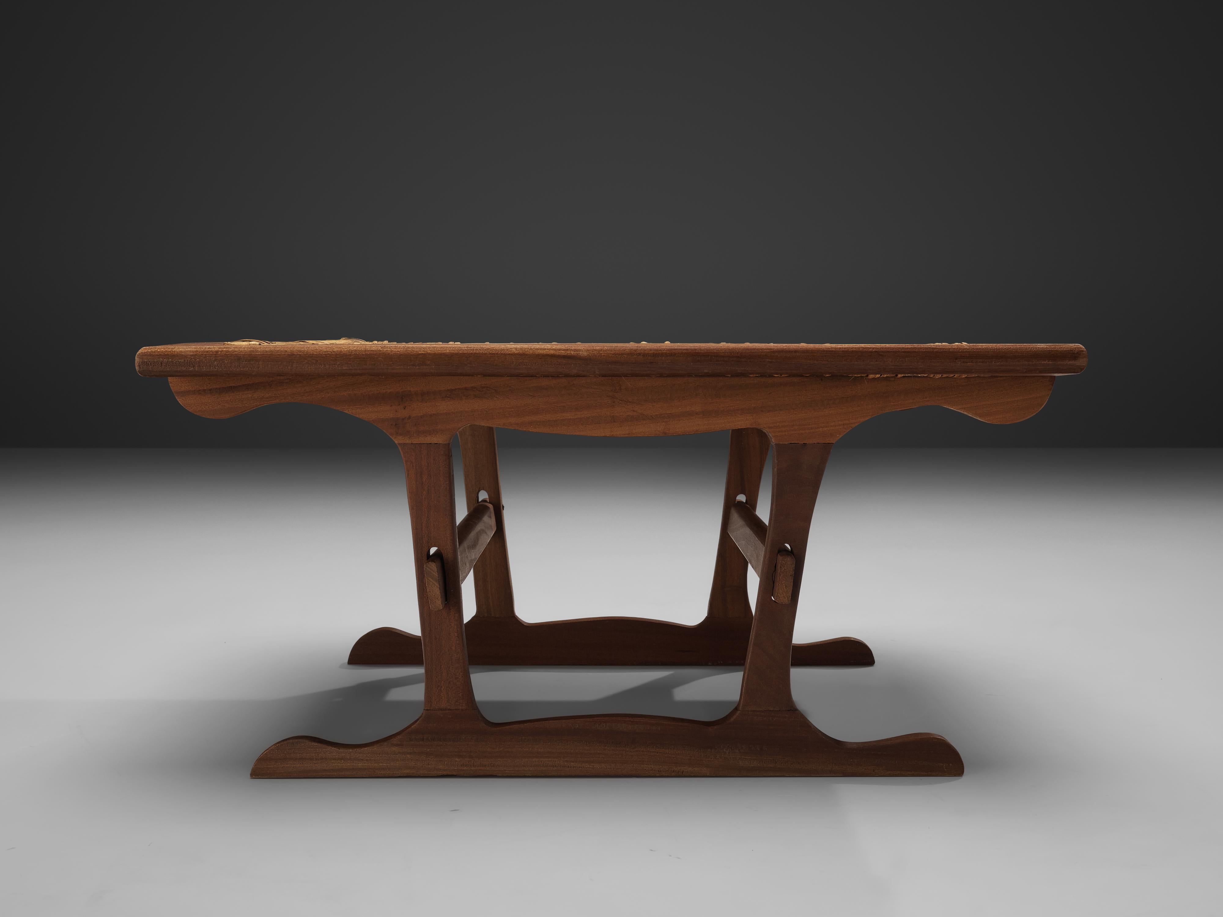 Mid-20th Century Dutch Square Coffee Table in Wicker and Stained Oak
