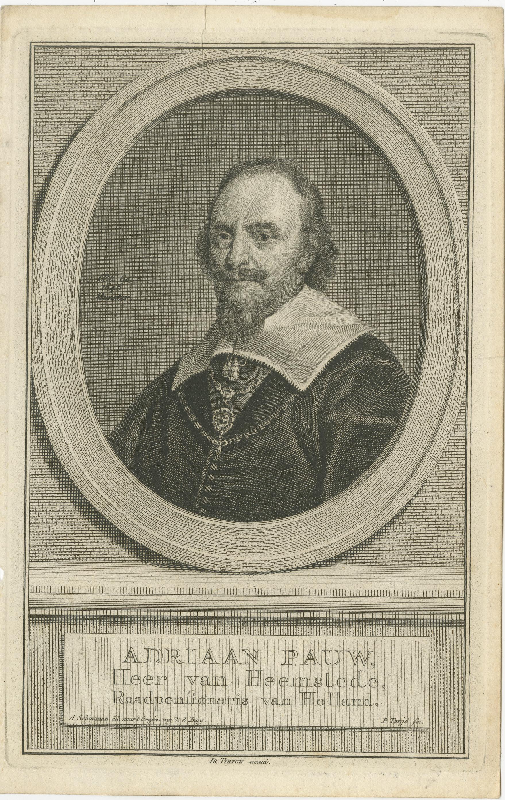 Dutch Statesmen and Admiral – Pauw, Hein, and Cats, c.1750 Copper Engravings In Good Condition For Sale In Langweer, NL
