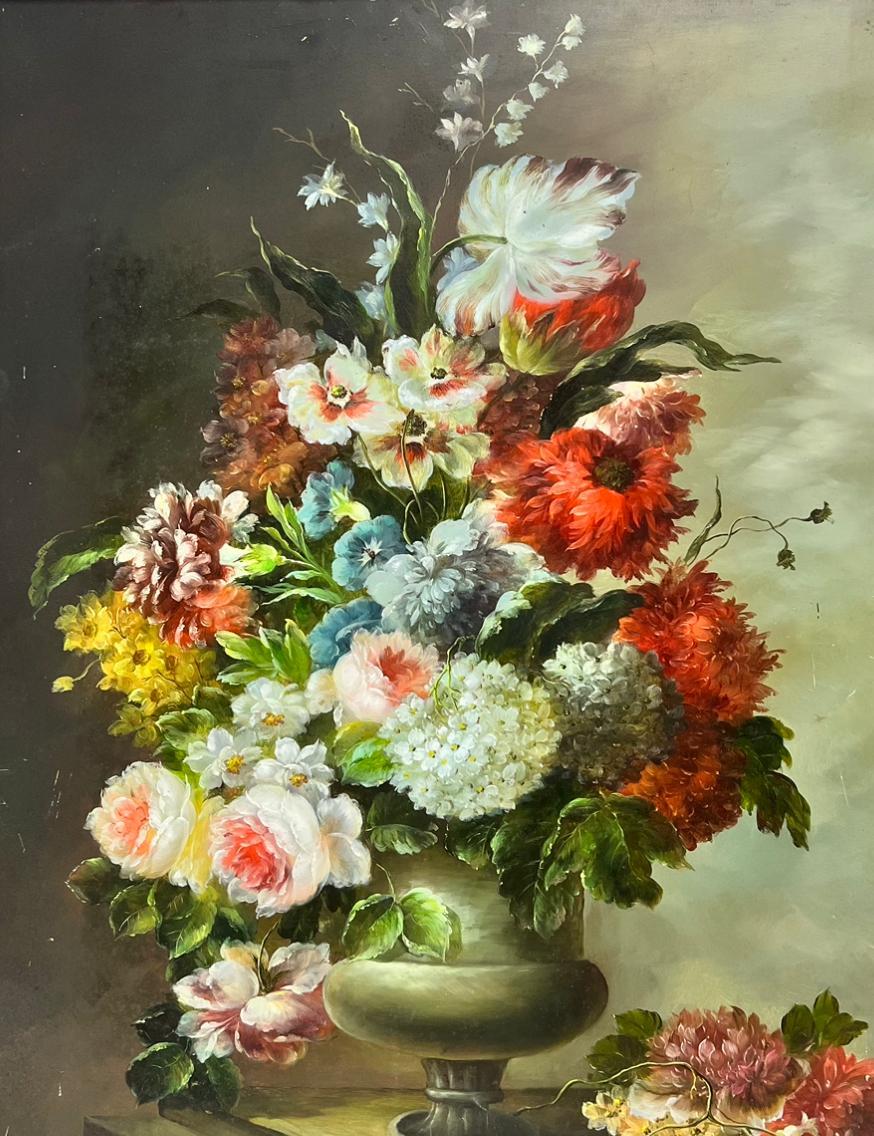 Dutch Stil Life Interior Painting - Classical Flowers in Urn Fine Ornate Still Life Oil Painting in Gilt Frame
