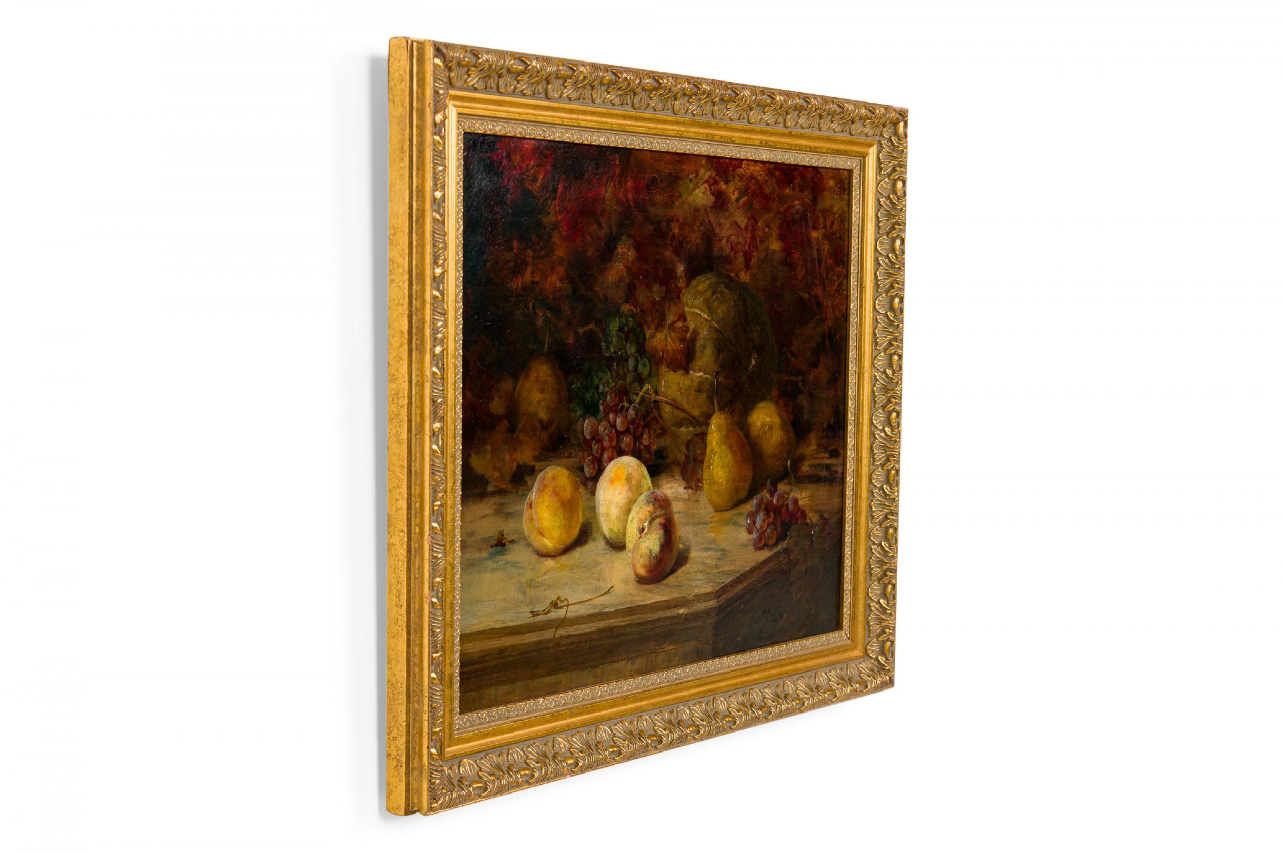 Dutch (19th Century) still life oil painting featuring peaches, pears, grapes and melon lushly composed on a table corner, enhanced by a slightly glossy varnish and mounted in an ornate parcel gilt painted wood frame.

Condition: Good; Wear