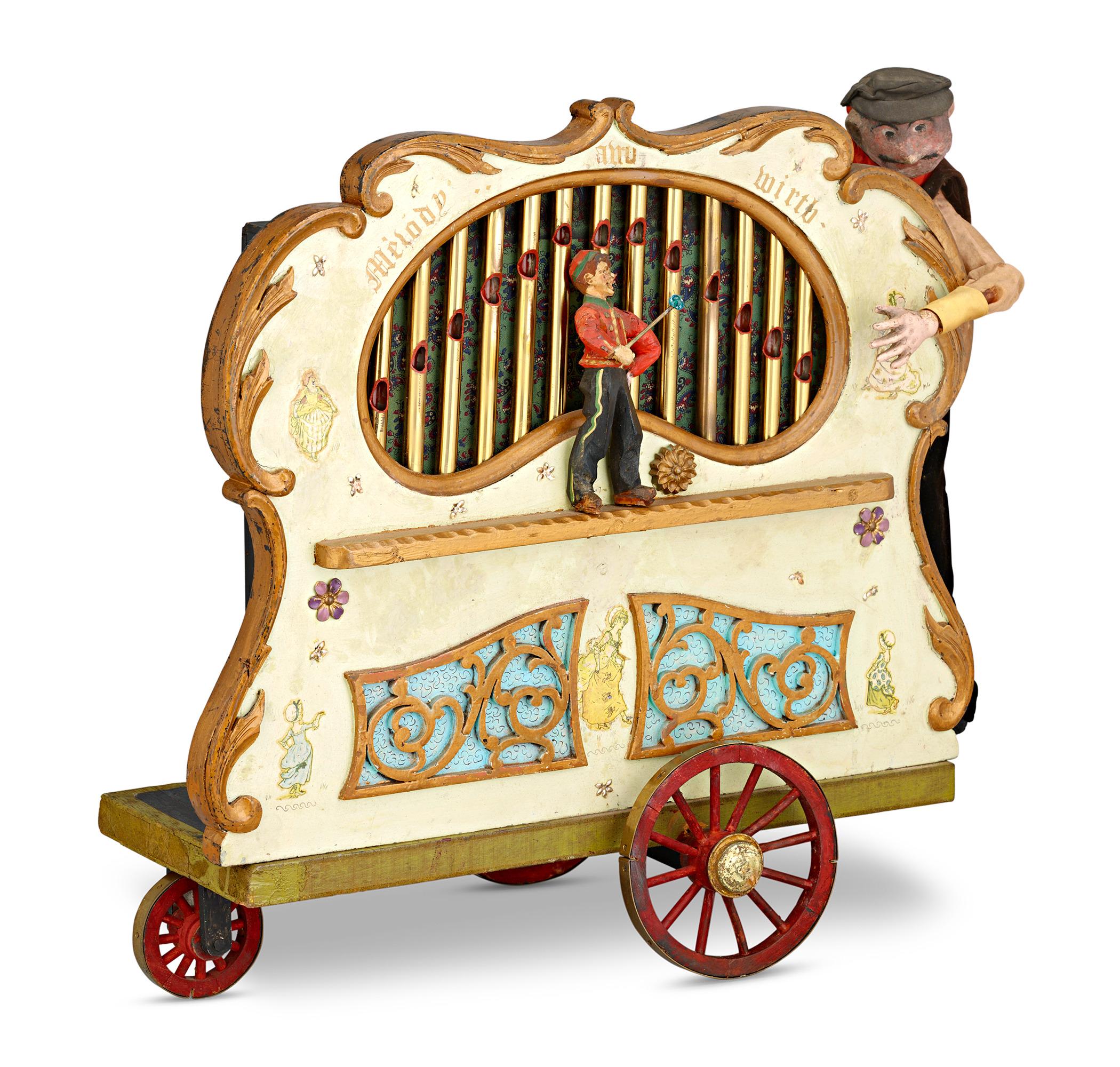 Caja de música para órgano callejero holandés
Finales del siglo XIX

Esta encantadora caja de música tiene la forma de un organillo u órgano callejero, conocido como draaiorgel en neerlandés. Está diseñado como una versión en miniatura de los