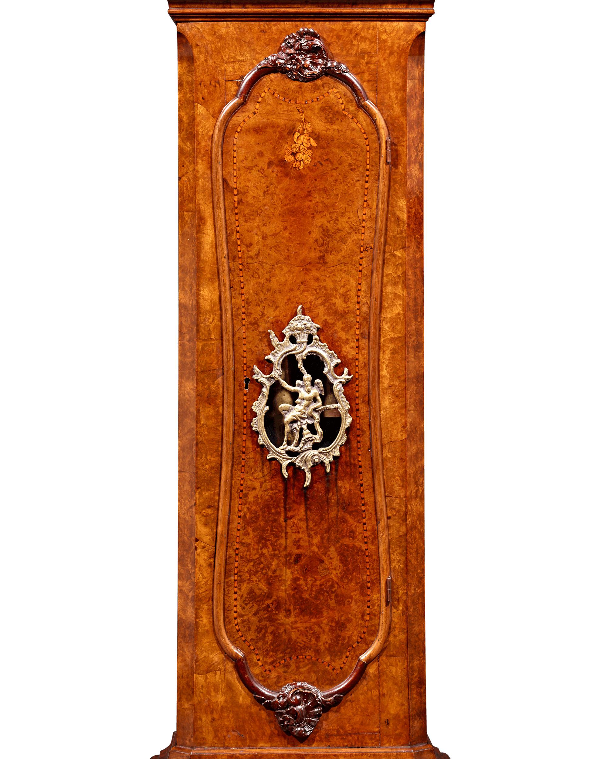 Baroque Dutch Striking Burl Walnut Tall Case Clock by Jonah Smith