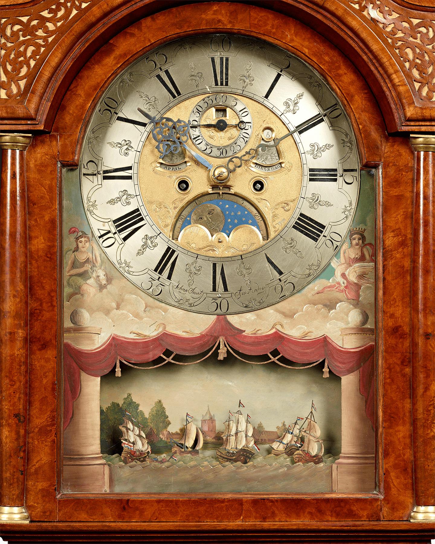 Marquetry Dutch Striking Burl Walnut Tall Case Clock by Jonah Smith