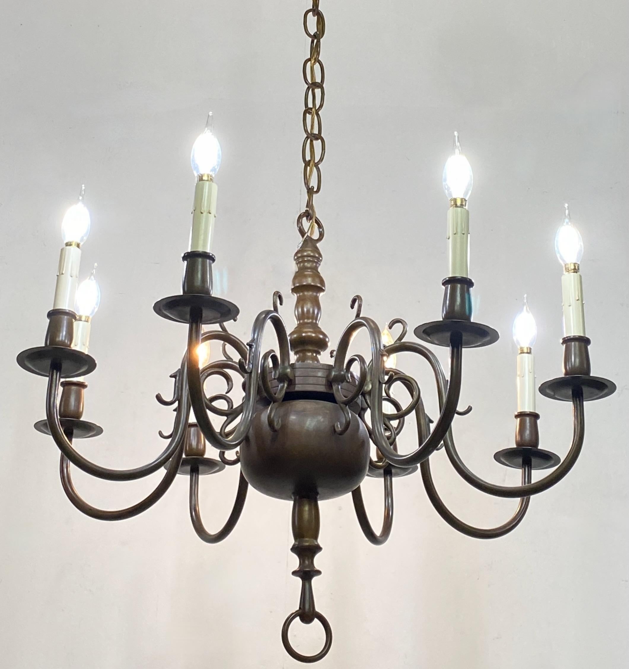 Dutch Style Bronze Ceiling Fixture Chandelier In Good Condition For Sale In San Francisco, CA