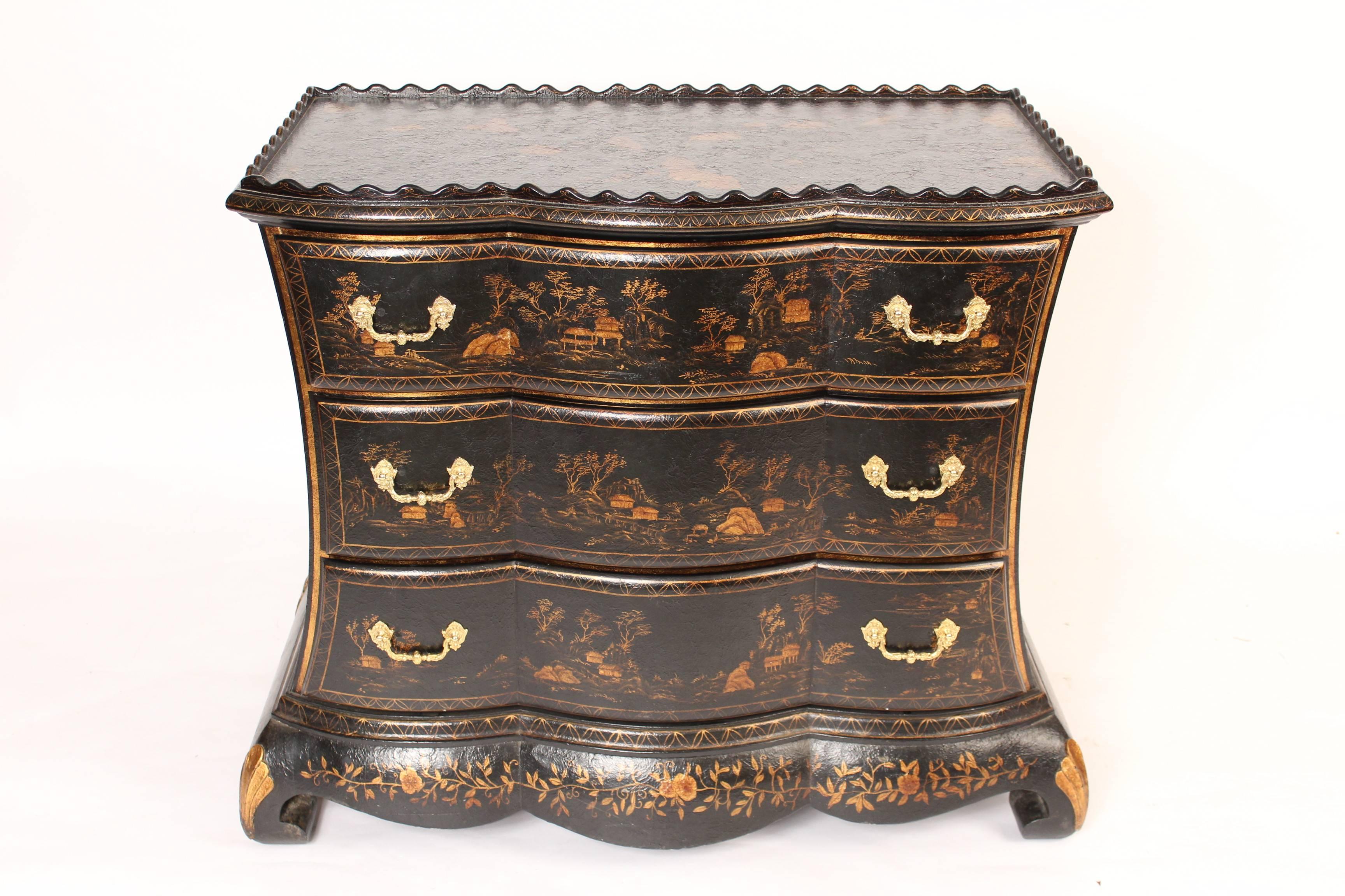 Dutch style black chinoiserie decorated three drawer chest of drawers, late 20th century.