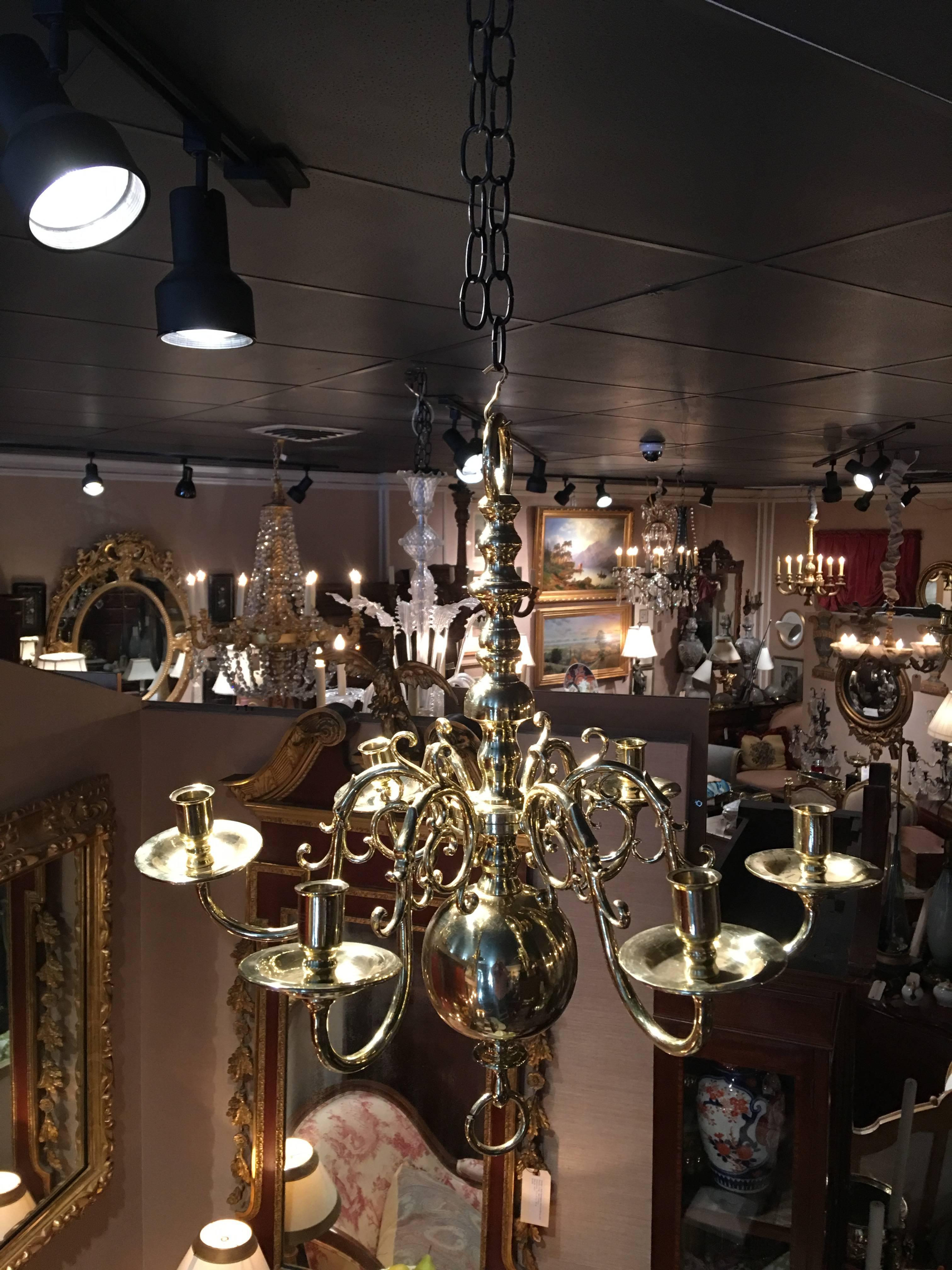 Dutch style French polished brass six-light chandelier, 19th century.