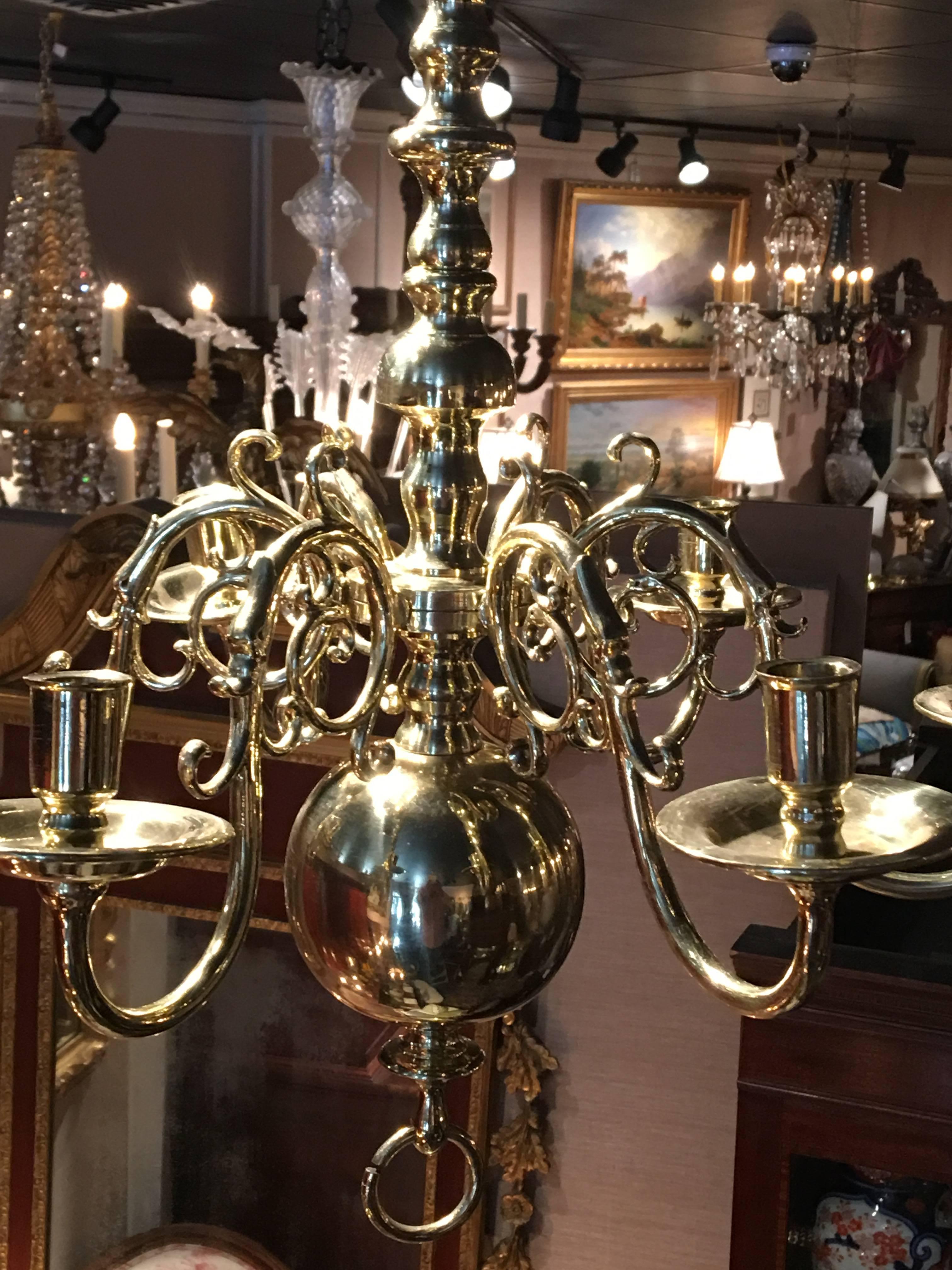 English Dutch Style French Polished Brass Six-Light Chandelier, 19th Century