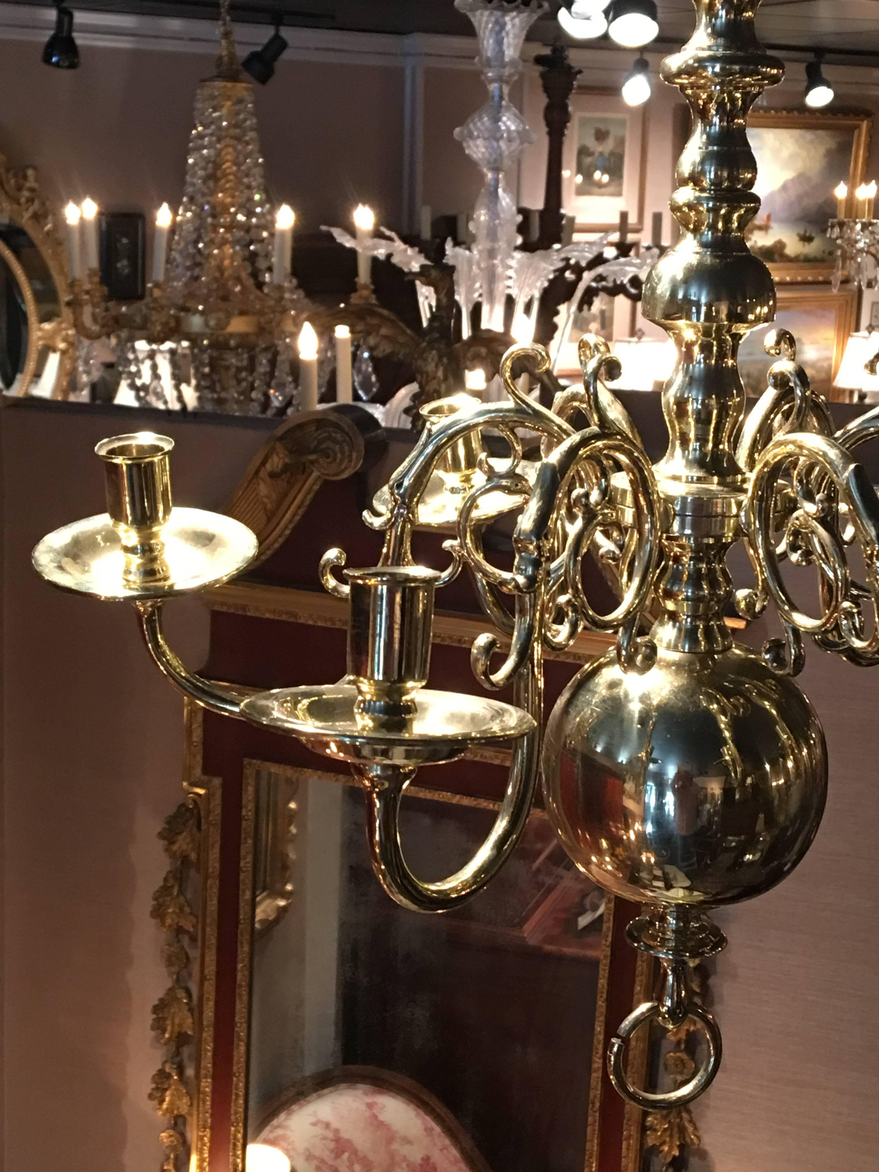 Dutch Style French Polished Brass Six-Light Chandelier, 19th Century In Good Condition In Savannah, GA